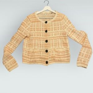 Anthropologie knitted & knotted pink textured plaid button up cardigan sweater M